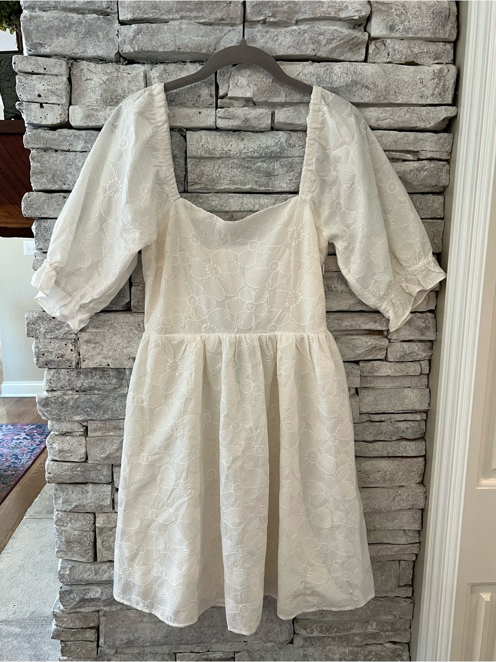 FRNCH Paris White Floral Jacquard Puff Sleeve Dress Womens Size Small